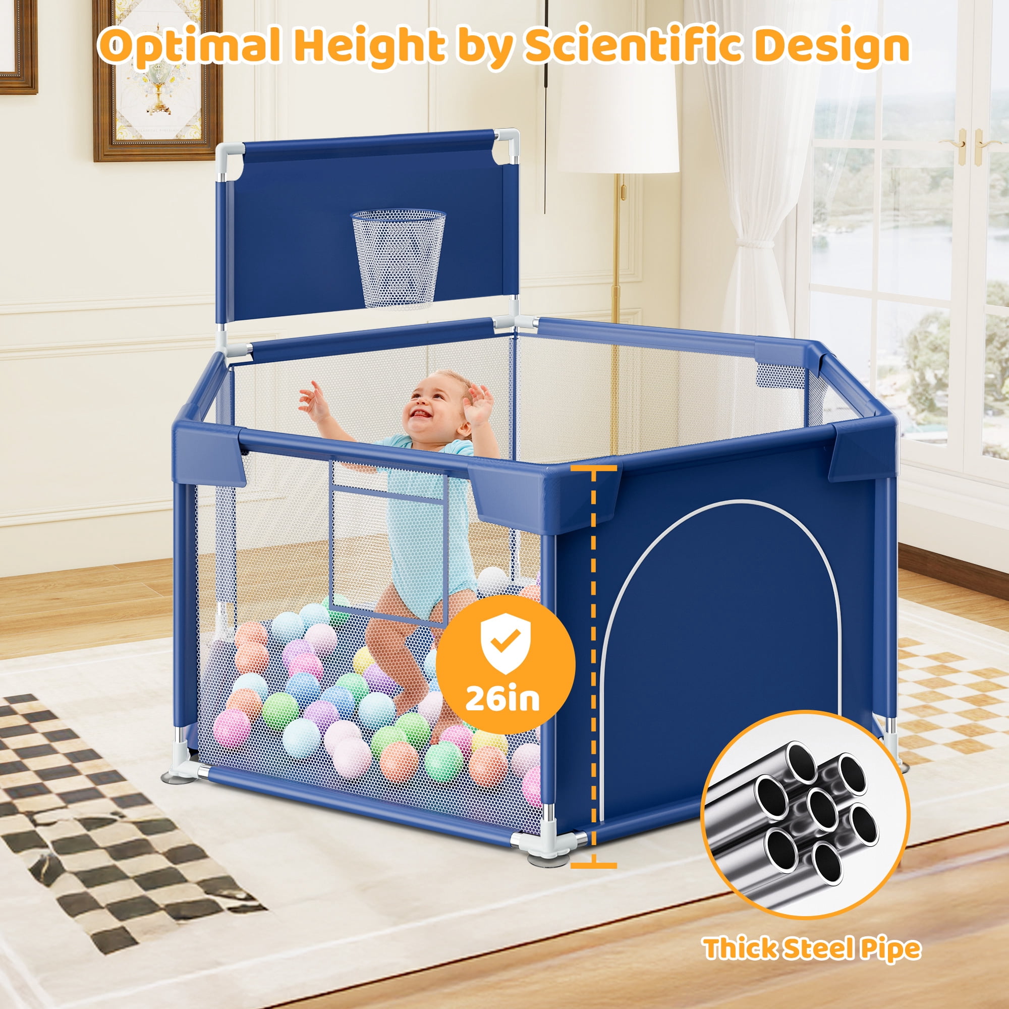 babyeap Baby Playpen with Basketball Hoop,Playpen for Babies and Toddlers,Hexagonal Fence Baby Play Yards,Navy Blue