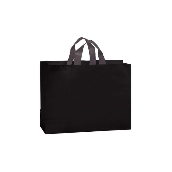 SSWBasics Large Black Frosted Plastic Shopping Bags -  16" x 6" x 12" - Case of 100-