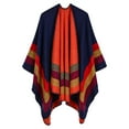 thumbnail image 2 of WTXUE Poncho Shawl Boho Cardigans Travel Plaid Shawl Open Front Cape Warm Oversized Sweaters Casual Cardigan Shawls Fall Winter Blanket Shawl Wraps Knitted Poncho Color Block Sweater Navy One Size, 2 of 9