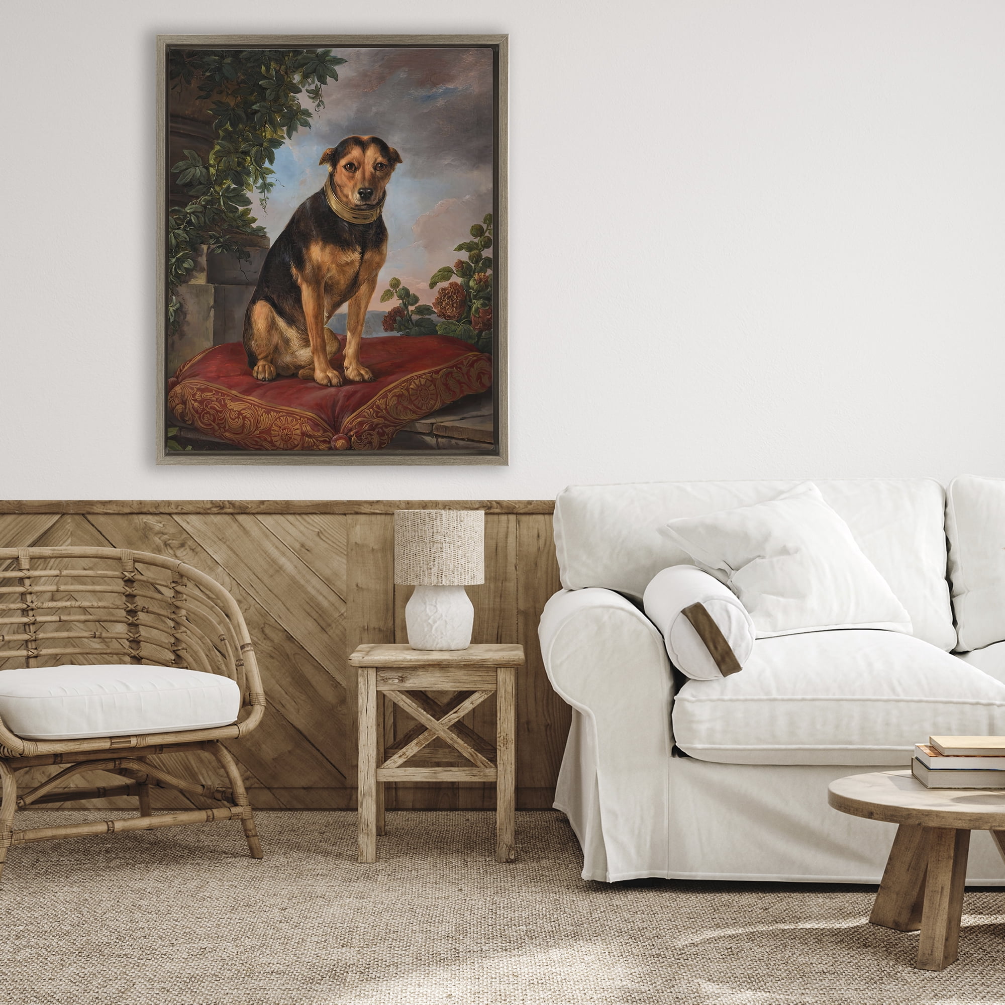 Stupell Industries Historical Dog on Cushion Brown Framed Floater Canvas Wall Art, design by Lil' Rue