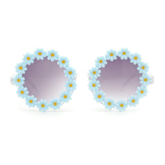 Girls Kids Size Daisy Jewel Trim Plastic Round Circle Lens Sunglasses Blue - Smoke