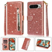 TECH CIRCLE Cute Shiny Flip Wallet Case with Wrist Strap for Pixel 8A (2024 Release) 6.1", Built-in Stand, 9 Card Slots, Zipper Pocket, PU Leather Protective Lightweight Cover, Rosegold