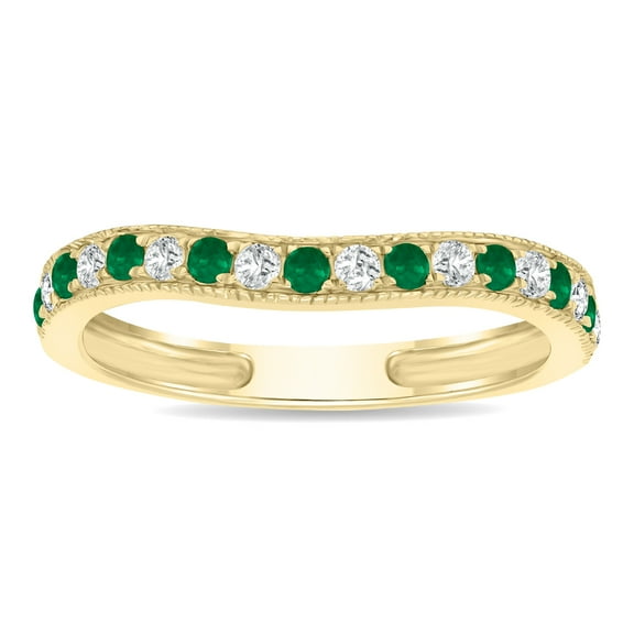 SZUL Women's Emerald and Diamond Channel Set Wedding Band in 10K Yellow Gold