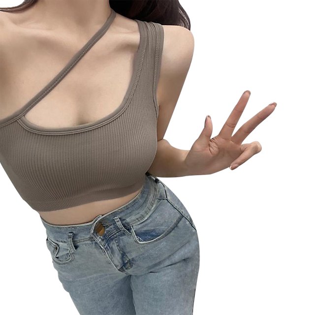 Fortune Women Navel Tops Plain Ribbed One Shoulder Crop Top