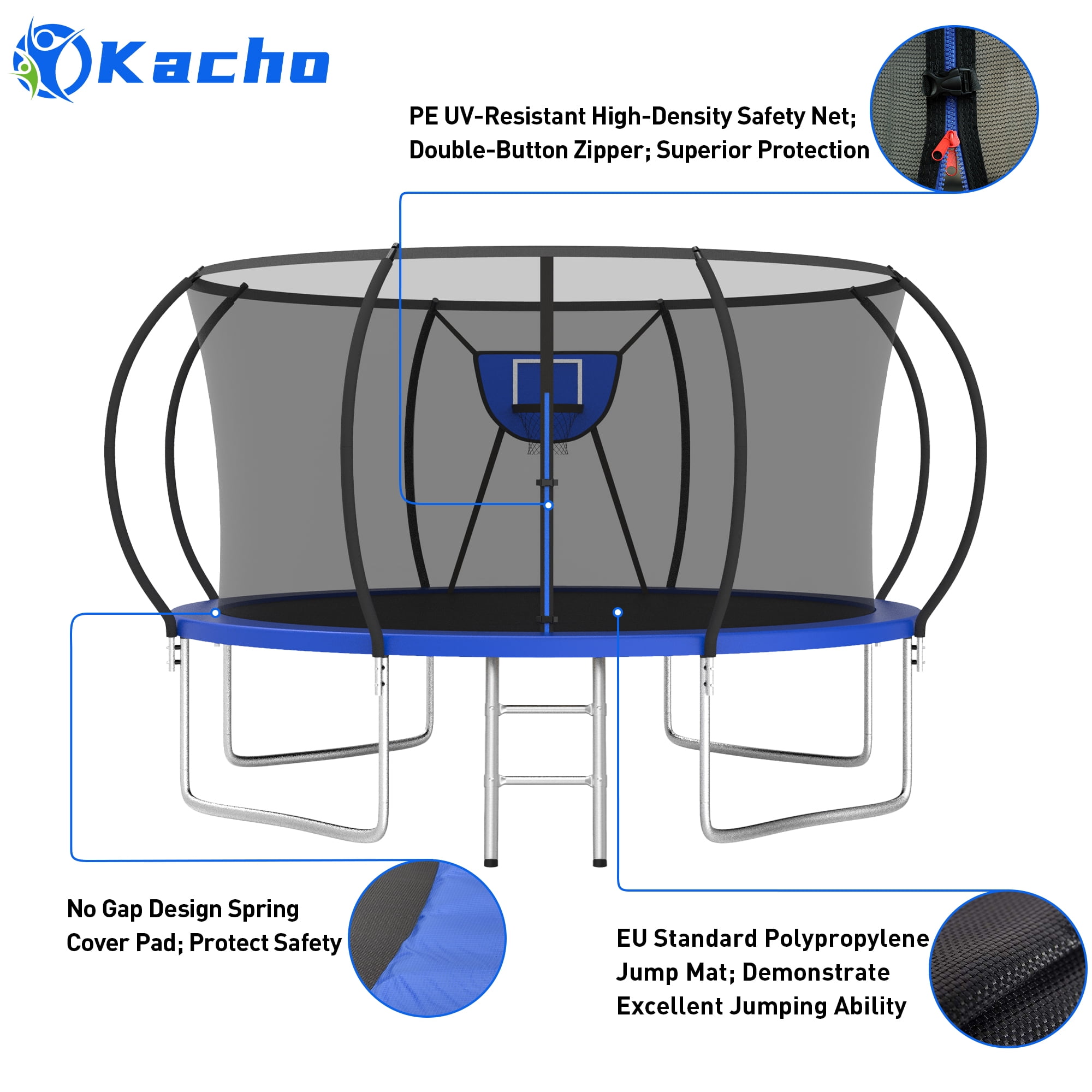 Kacho Trampoline for Kids and Adults, 12FT 1200LBS Trampoline with Enclosure Net, Basketball Hoop, Ladder, 2 Ball, Heavy Duty Trampoline No Gap Design, Backyard Outdoor Recreational 12FT Trampoline