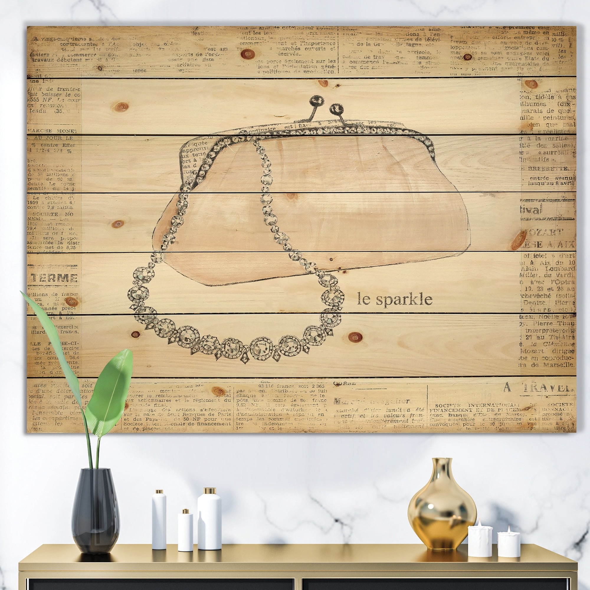 Designart 'Glamorous Diamond Sparkle Purse I' Fashion Print on Natural Pine Wood