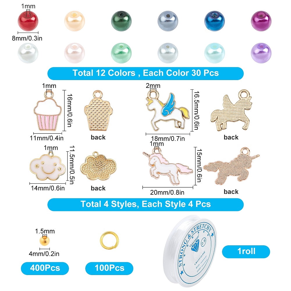 DIY Unicorn Bracelet Making Kits 360pcs 12 Colors Glass Pearl Beads & Unicorn Cake Cloud Charms Pendants & 400pcs Spacer Beads & 100pcs Jump Rings