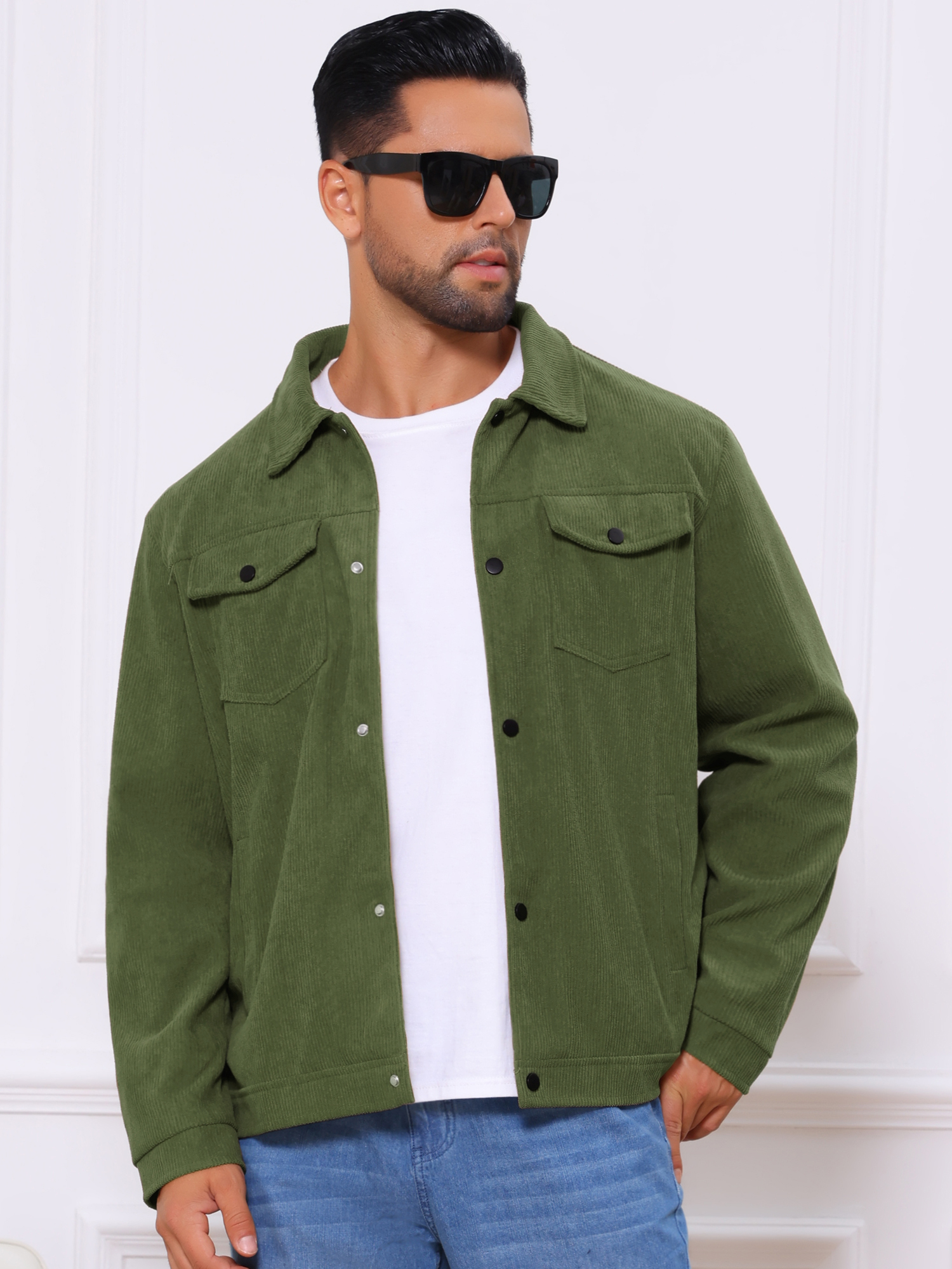 DARING DIVA Men's Solid Long Sleeve Button Pockets Corduroy Trucker Jacket XL Green