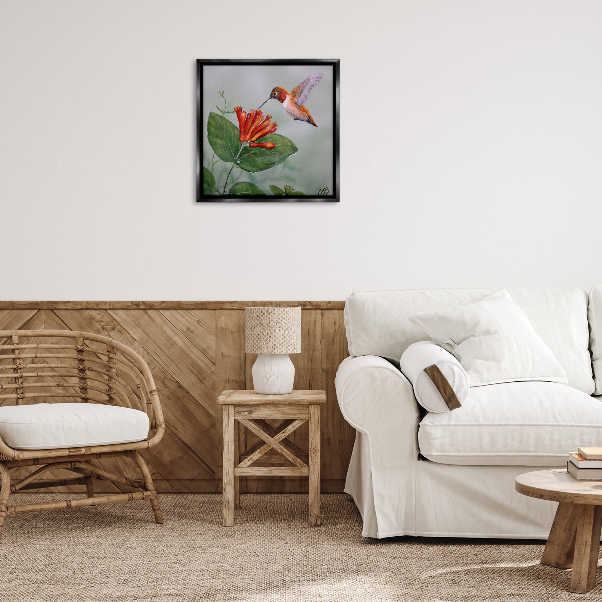 Stupell Industries Red Hummingbird & Flower Animals Painting Black Floater Framed Canvas Art Print Wall Art, 25 x 25