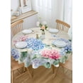 thumbnail image 5 of Blue Pink Hydrangea Round Tablecloth 54 inches Watercolor Spring Floral Green Leaf Newspaper Texture Waterproof Oil-Proof Table Cloth Round Table Cover for Holiday Party Picnic Dinner Decor, 5 of 9