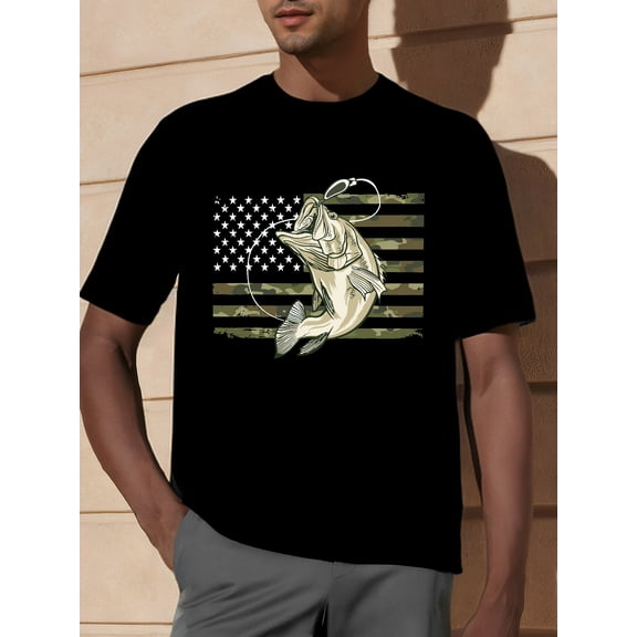 [American Flag, Camo Bass T-Shirt] Unisex Camo Bass Fish T-Shirt - American Flag Fishing Gift