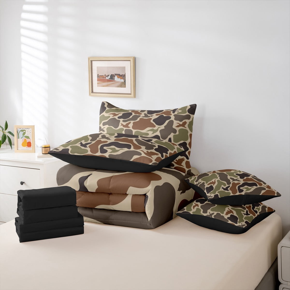 Manfei Mallard Duck 7pcs Bedding Comforter Set,Rustic Camouflage Queen Bedding Sets Super Cozy,Abstract Vintage Queen Sheet Sets,Breathable Animal Home Decor,Reversible