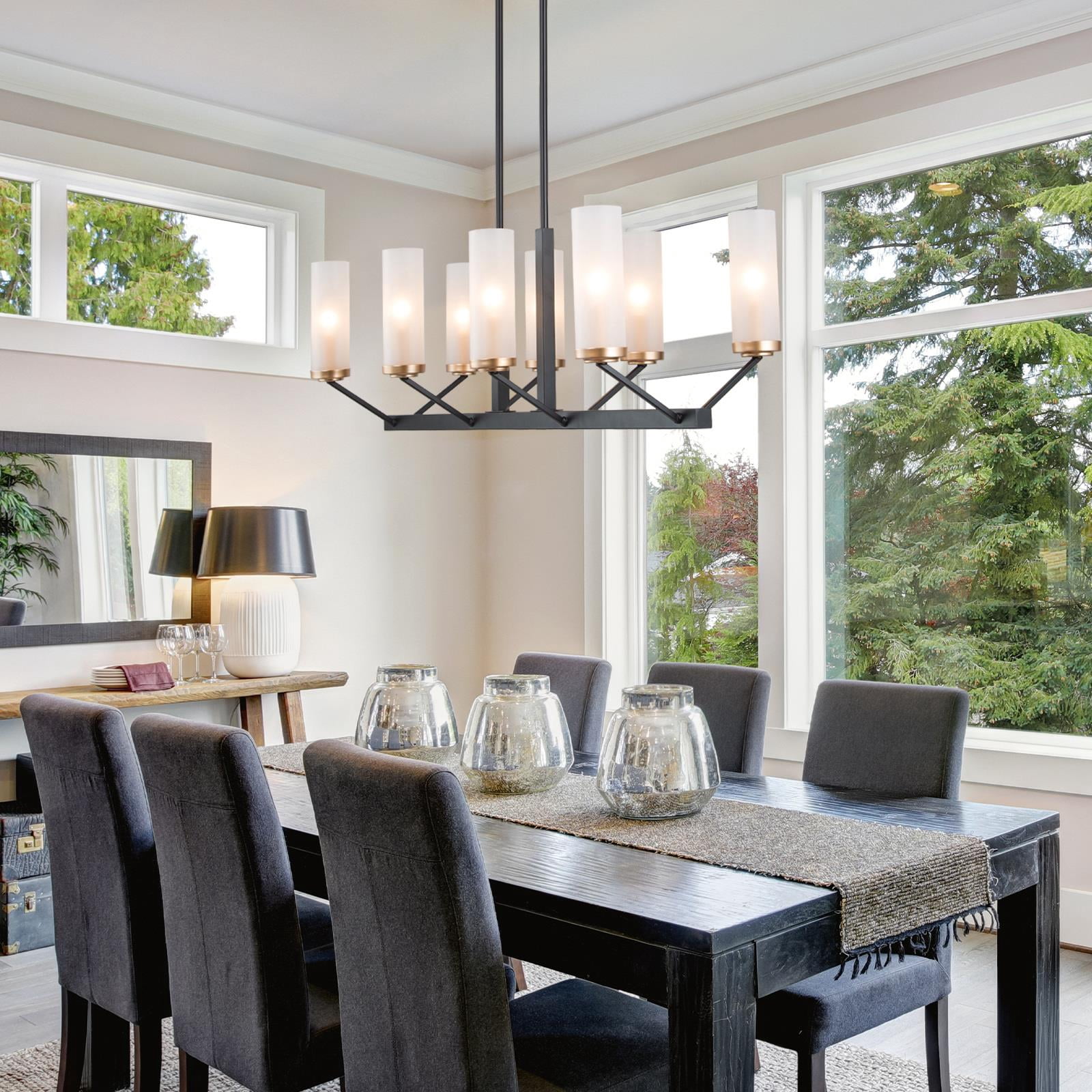 LNC 8-Light Black and Gold Linear LED Pendant with Frosted Glass for Kitchen Island