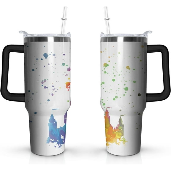 40 Oz Stainless Steel Tumbler with Handle Double Wall Vacuum Insulated Travel Mug Leak-Proof Coffee Cup on Screw Lid and Straw
