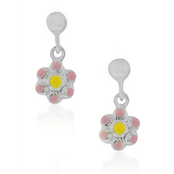 925 Sterling Silver Light Pink Enamel Flower Dangle Drop Earrings, 0.60"