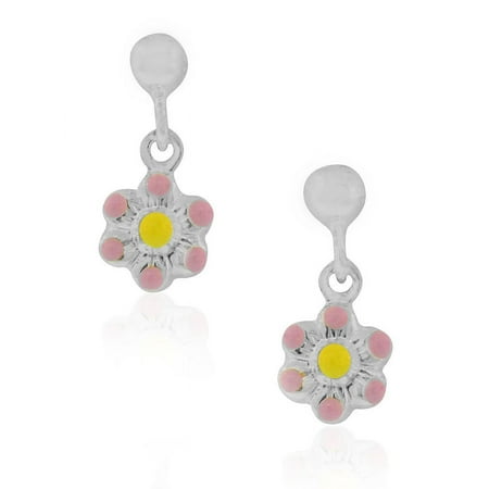 925 Sterling Silver Light Pink Enamel Flower Dangle Drop Earrings, 0.60"