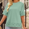 thumbnail image 2 of Womens Shirts Summer Casual Cotton Linen Tshirts Shirts For Hollow Out Crochet Lace Trim 3/4 Sleeve Tops Spring Loose T Shirts Womens Tops, 2 of 7