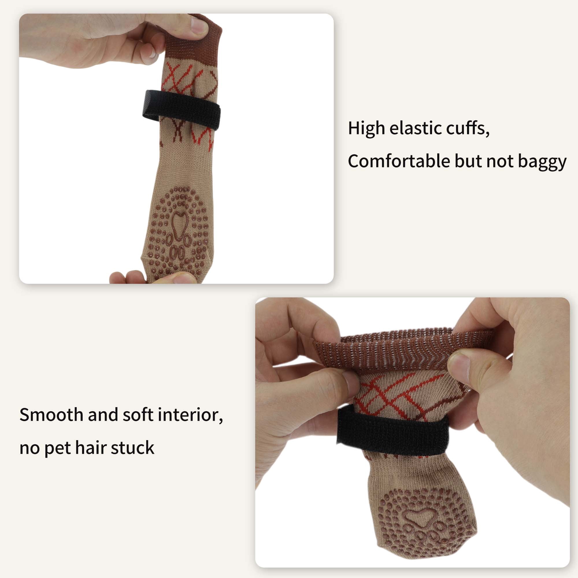 Unique Bargains 4Pcs Non-Slip Dog Socks with Adjustable Tapes Beige M