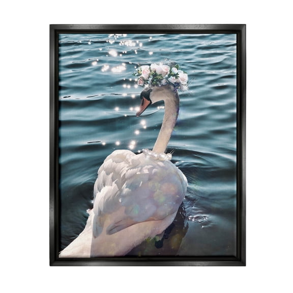 Flower Crown Swan Lake Ripples Animals & Insects Graphic Art Jet Black Framed Art Print Wall Art