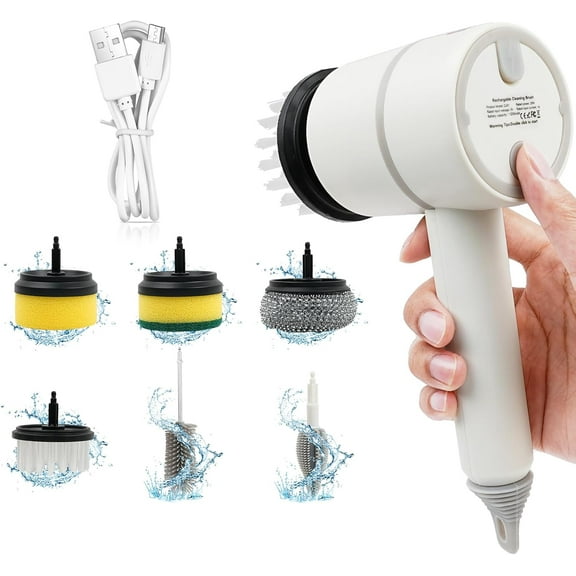 Electric Spin Scrubber for Cleaning, 360 Rotating Cordless and Handheld Scrubber with 6 Replaceable Cleaning Brush Heads for Cleaning Kitchen, Tile, Tub Floor, Sink, Window and Stove, White