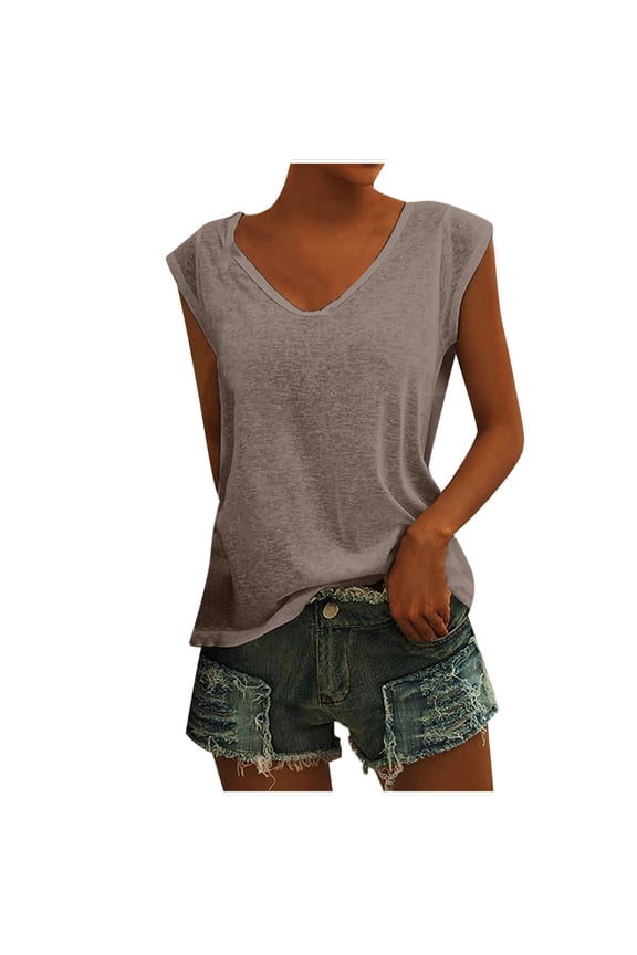 Womens Cap Sleeve Tshirts Casual Loose V Neck Summer Tees Basic Solid Color Clothes Going out Tops