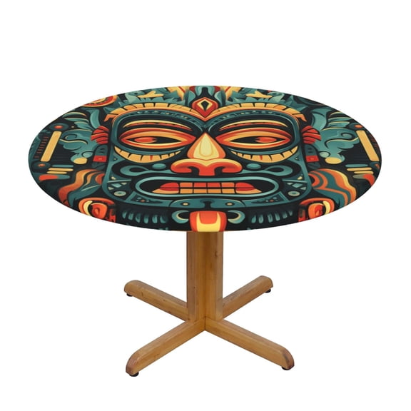 Hawaiian Tiki Tribal Retro Art Round Fitted Tablecloth Elastic Edged Table Cloth Waterproof Table Cover 48in