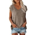 thumbnail image 3 of Cap Sleeve Tops for Women Loose Fit V Neck T Shirts Summer Beach Breathable Basic Tees Brown XXL, 3 of 7