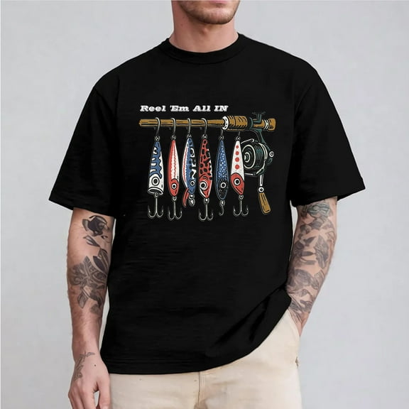 Funny Fishing Shirt - “Reel 'Em All IN” Unisex Graphic Tee, Lure & Rod Design, Gift for Fishermen and Fisherwomen