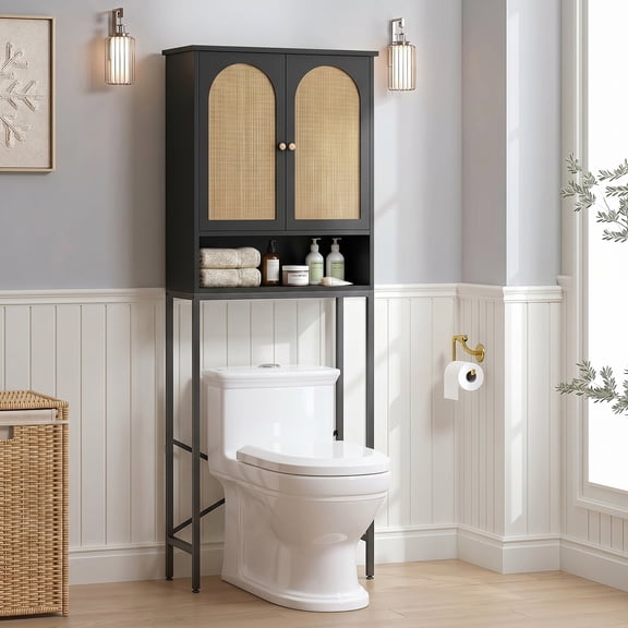 Veanerwood Rattan Toilet Storage Cabinet, Over The Rack Wood Cabinet with Metal Stand, Bathroom Organizer with Adjustable Shelf, Tall Freestanding Washer Shelf, Small Cupboard, Black