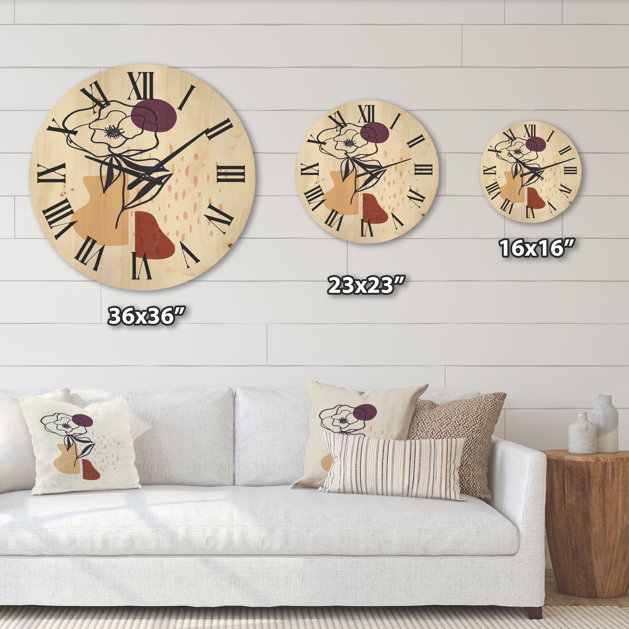 Designart 'Minimalist Shapes With Ancient Flower I' Modern Wood Wall Clock