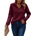 thumbnail image 2 of Women's Autumn and Winter Casual Loose Pullover Quarter Zip Design Ribbed Quilted V-Neck Wine Red M, 2 of 9