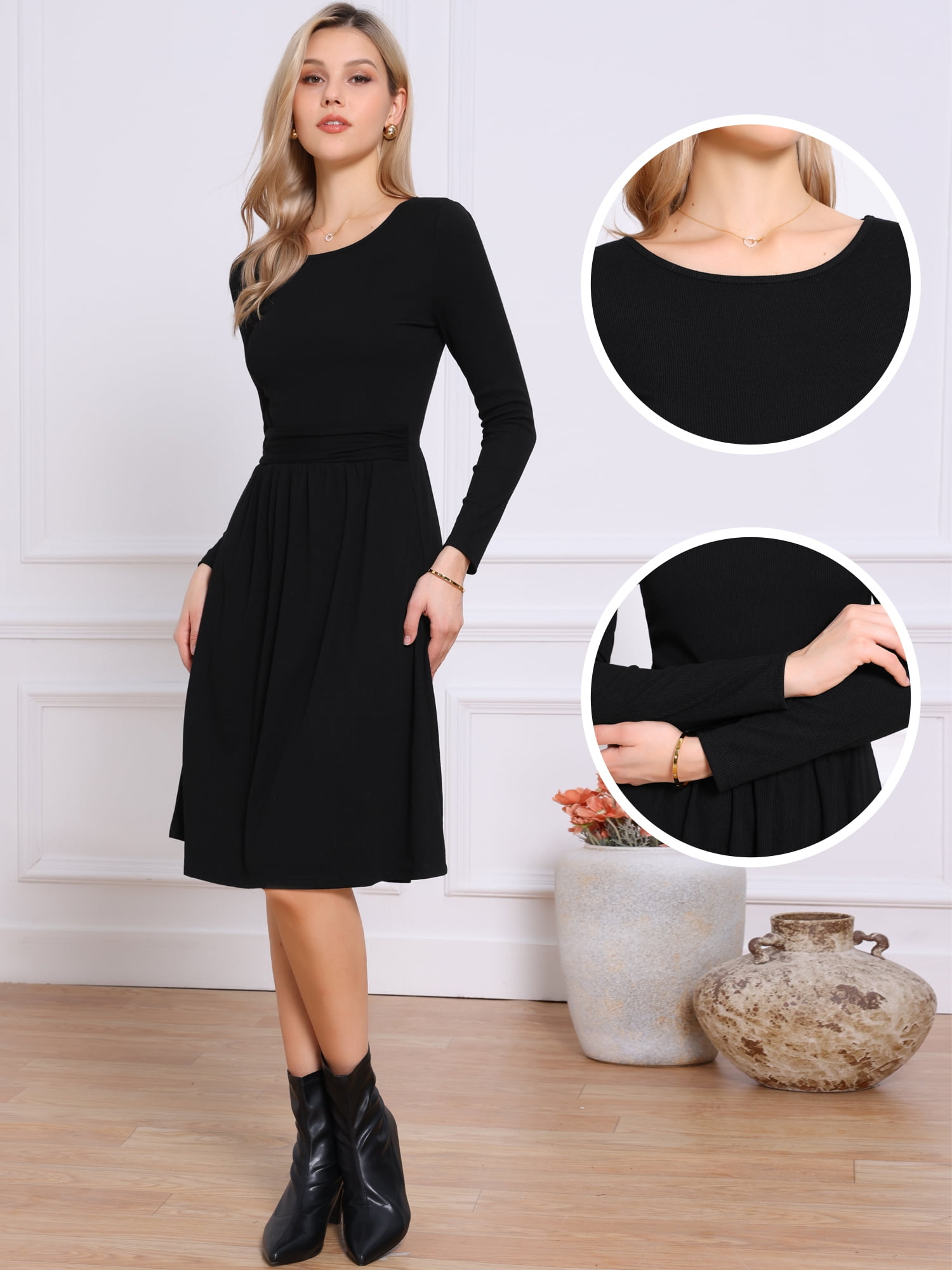 DARING DIVA Women's Knit Long Sleeve Crew Neck High Waist A-Line Dress L Black