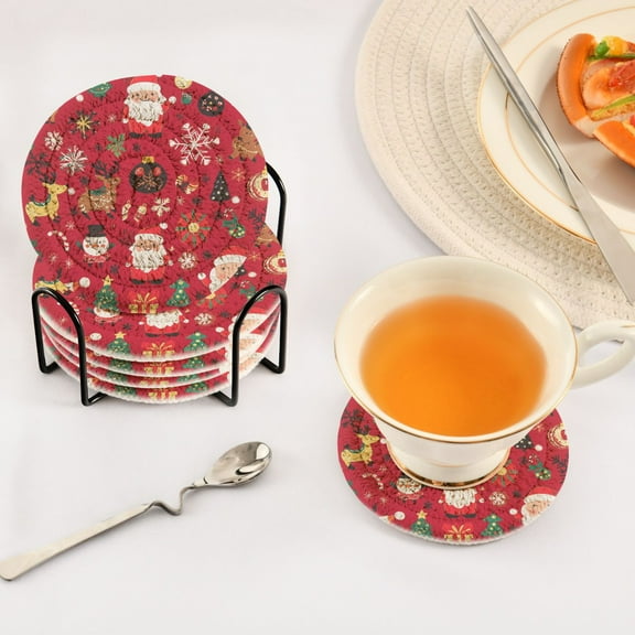 BZSMCE 6Pcs Drink Coasters With Holder 3.94Inch Christmas Pattern Creative Coil Coaster Coasters Colors Absorbent Coasters for Drinks Coasters Set Thicken Heat for Home Table