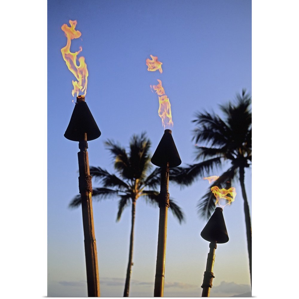 Great BIG Canvas "Hawaii, Tiki Torches Lit At Dusk, Palm Trees And