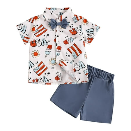 

Toddler Boy Outfit Sets Short Sleeve Independence Day 4Th of July Prints T Shirt Tops Shorts Gentleman Toddler Girl Clothes