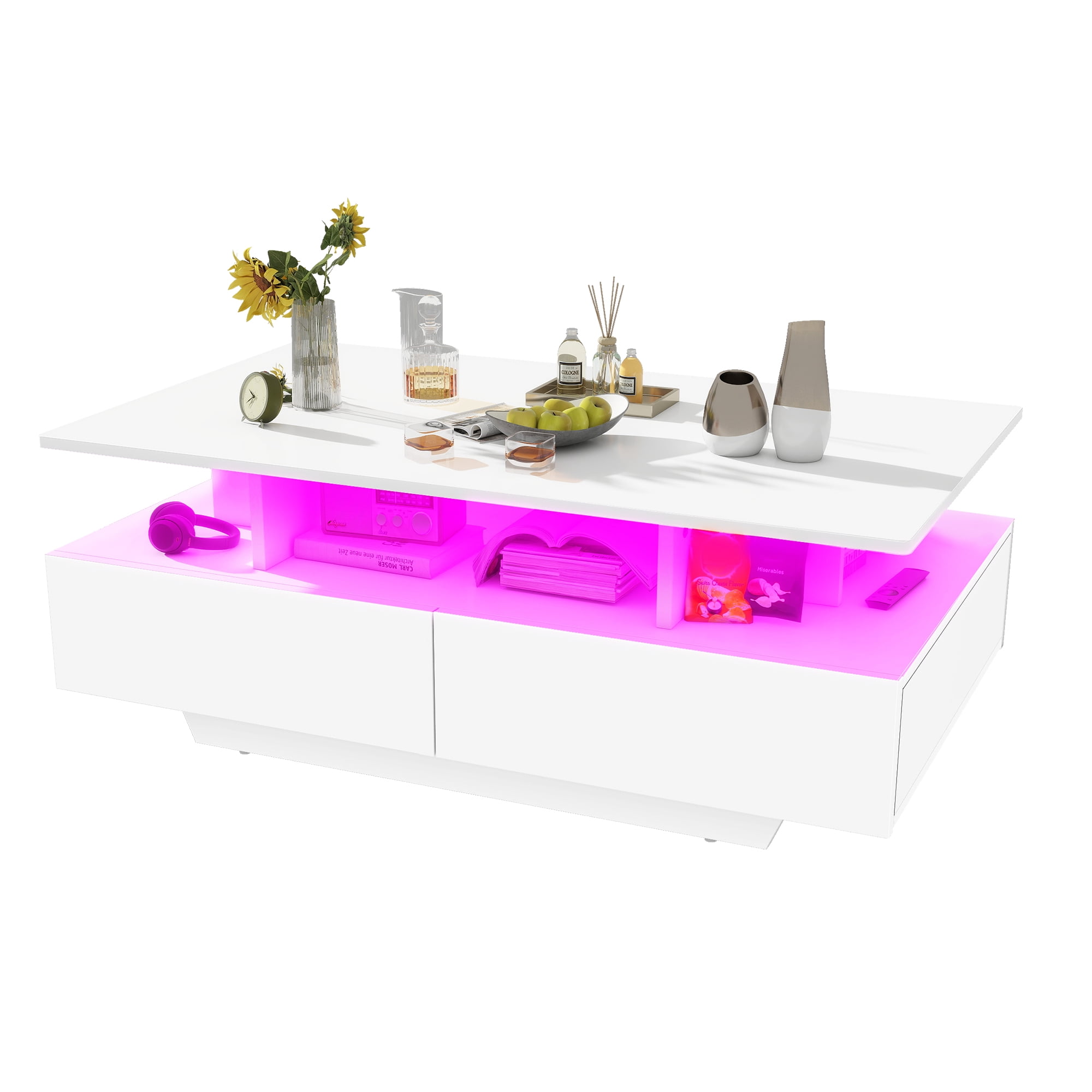 Uforic LED Coffee Table, Modern Center Tables with Storage for Living Room, White