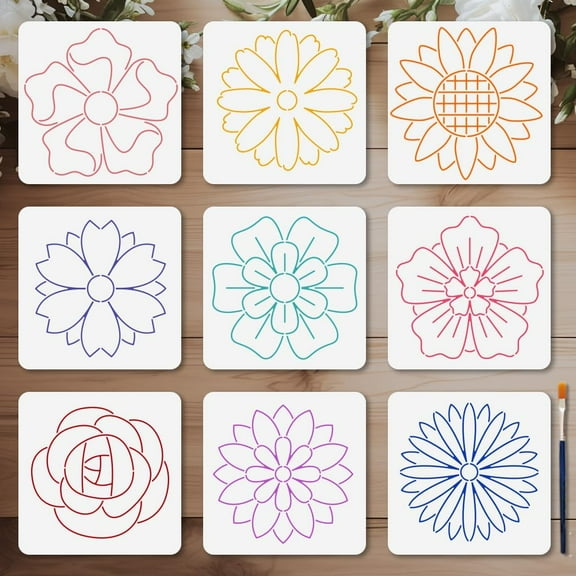 9 Pcs Fine Wire Flowers Stencil Boho Petals Hand Quilting and Embroidery Painting Stencils 5.9x5.9 Inches Garden Daisy Sunflower Drawing Templates with Paint Brush for Wood Gift Decoration White