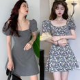 thumbnail image 5 of Women's Dress Korean Square Collar Floral Bubble Sleeve Dresses Waist Slimming High Waist a-Line Vestidos, 5 of 5