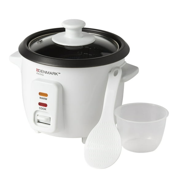 Denmark Electric 4 Cup Rice Cooker with Glass Lid, Rice Paddle, Measuring Cup, and Nonstick Removable Inner Pot, White
