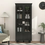 Timechee Media Storage Cabinet with Acrylic Glass Door, 72.3" H Wooden Bookshelf Display Cabinet Organizer, Black