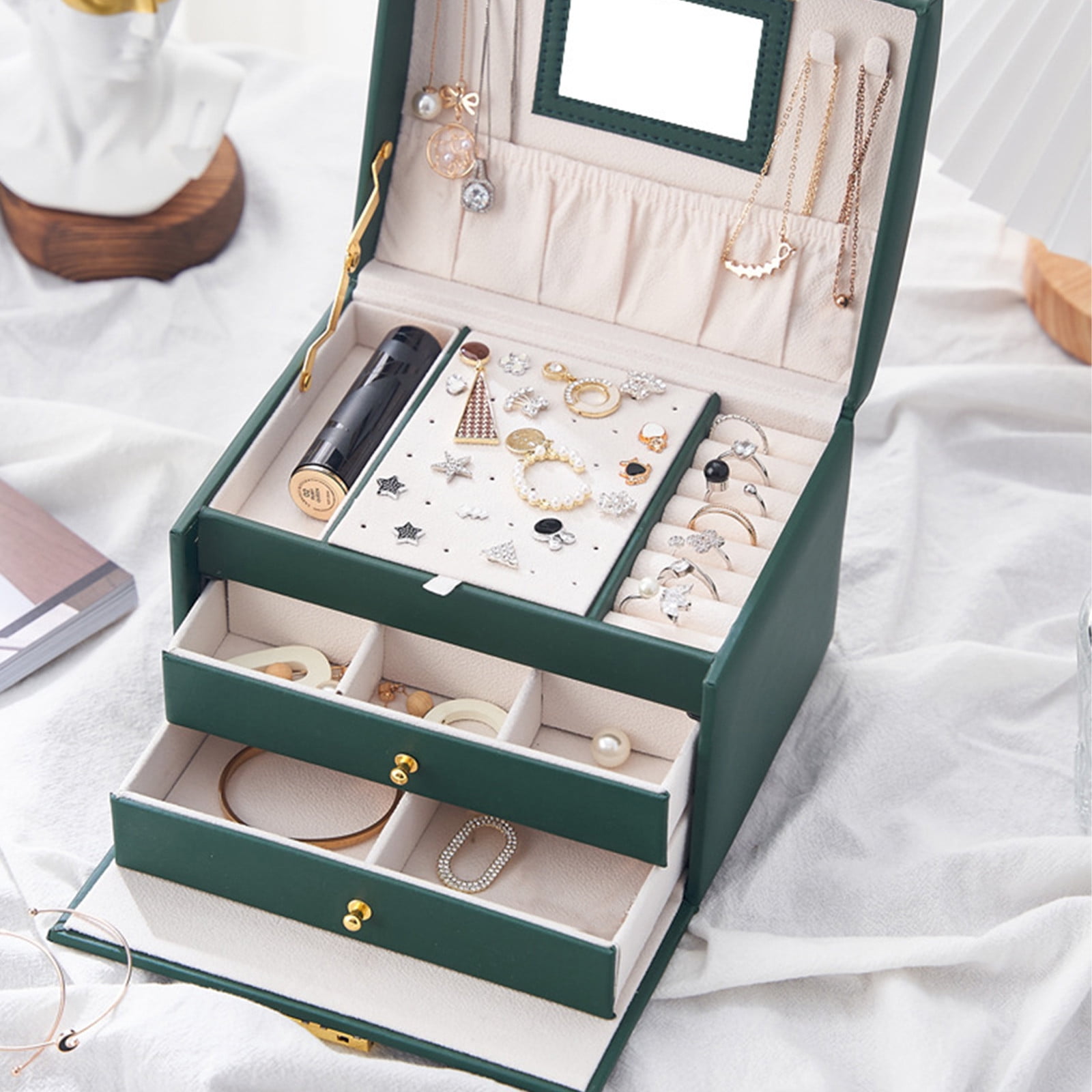 Jubipavy Jewelry Box With Lock And Mirror Jewelry Organizer Storage Case 3-Layers Display Jewelry Gift Boxes For Earrings Bracelets Rings Watches