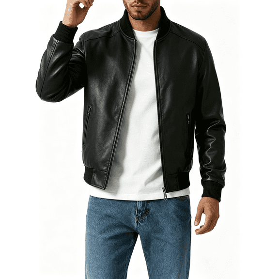 Atkumj Black Pu Leather Jacket Men Vintage Ribbed Stand Collar Zip Up Jacket Trendy Solid Color Motorcycle Styl Wind Breaker Jackets Mens with Zip Pockets M