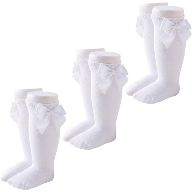 CozyWay Calcetines altos hasta la rodilla para bebés y niñas, paquete de 3/6, medias largas con lazo, calcetines con volantes, leggings para uniforme escolar