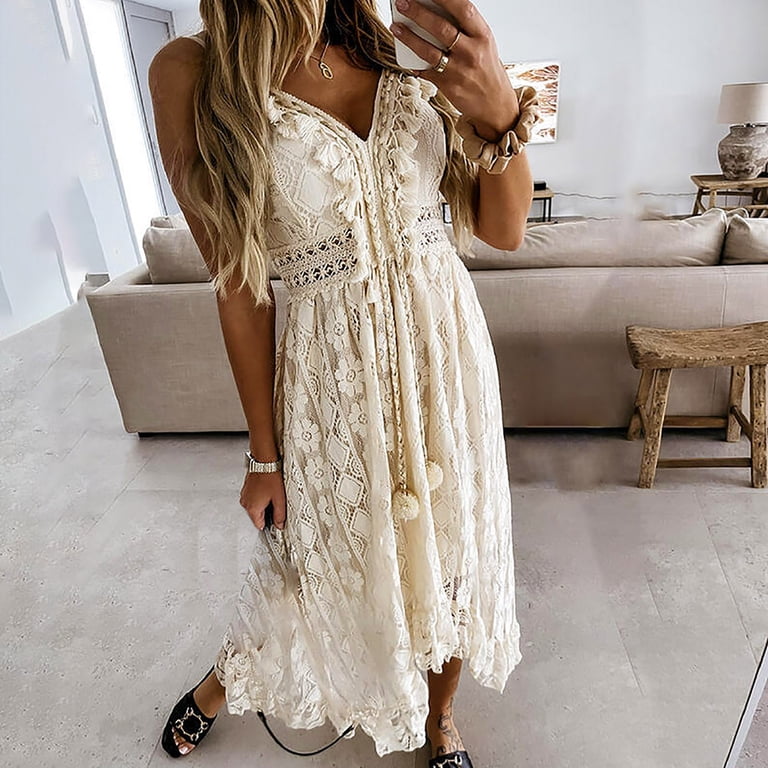 Frostluinai Womens Boho Dresses Sexy Lace V-Neck Sleeveless White Wedding  Guest Bridesmaid Dresses Hollow Out Beach Swing Maxi Dress Casual Summer  Sundresses - Walmart.com