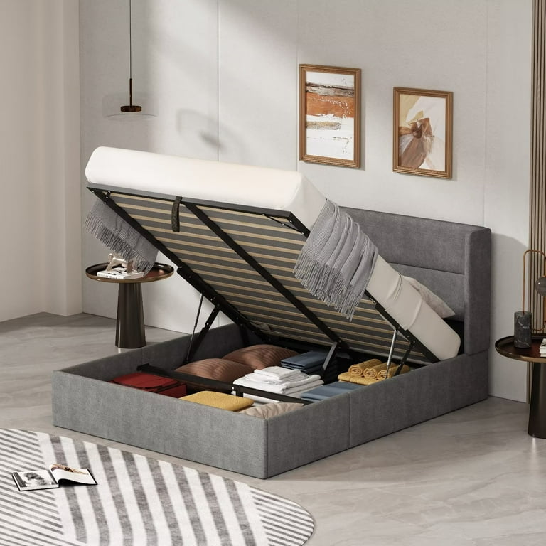 Queen Size Upholstered Platform Bed Frame with Hydraulic Gas Lift Up Storage Wingback Headboard Under bed Storage Graphite Gray