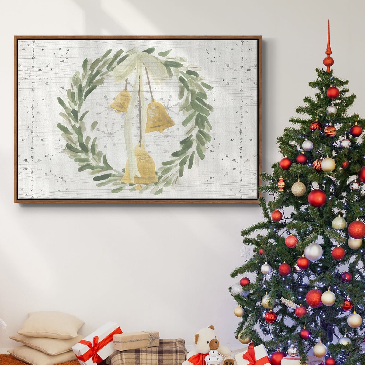 Weathered Aspen Wreath Collection A - Framed Gallery Wrapped Holiday Canvas - 27 x 41 - Rosewood Frame