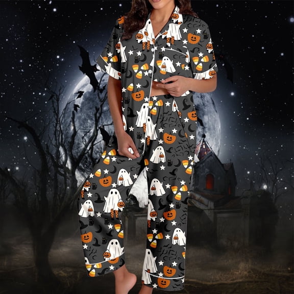Womens Halloween Pajamas Satin Loungewear Set Short Sleeve Top with Long Pants Cozy Nightwear Pajama Sets for Women 2 Piece Black XXL