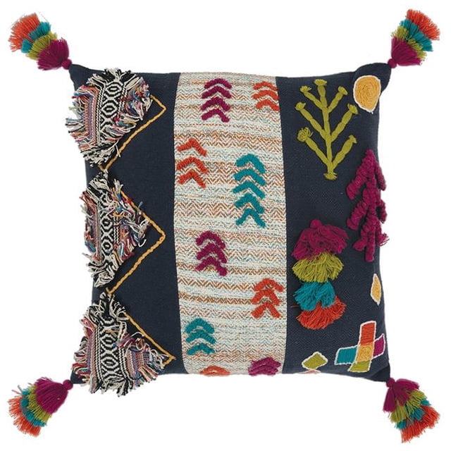 HomeRoots 403404 Navy Tribal Motifs Embroidered Throw Pillow, Multi Color