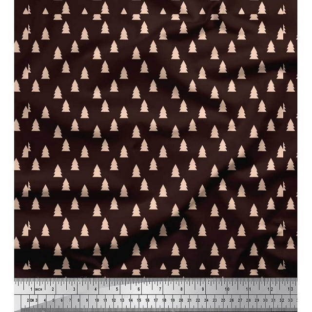 Soimoi Brown Poly Georgette Fabric Christmas Tree Print Fabric by Yard 52 Inch Wide