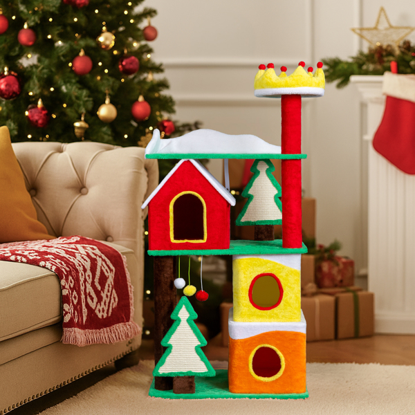 56in Christmas Cat Tree with 3 Condos & Crown Perch - Multi-Level Cat Tower with Sisal Ramps for Indoor Cats, Holiday Decor